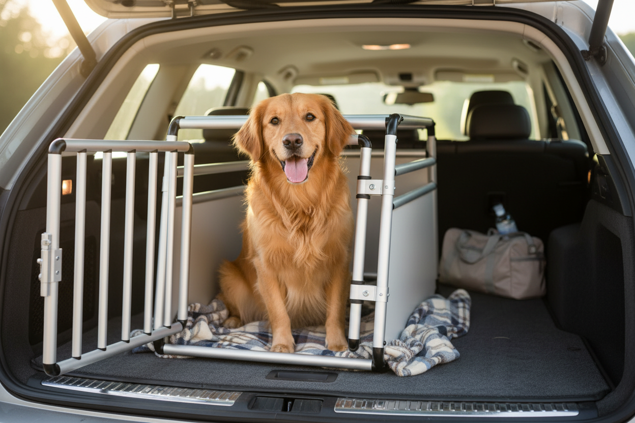 Aluminium-Hundebox Größe M mit Hund im Kofferraum