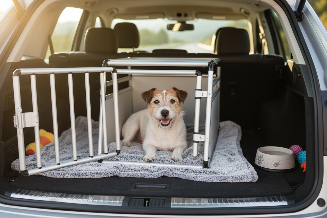 Aluminium-Hundebox Größe S mit kleinem Hund im Kofferraum